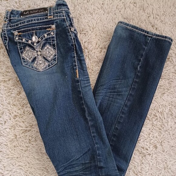 LA Idol USA Women’s Bootcut Jeans Sz 5 W29 L34 Rhinestone Bling Pockets Y2K READ - Picture 1 of 9